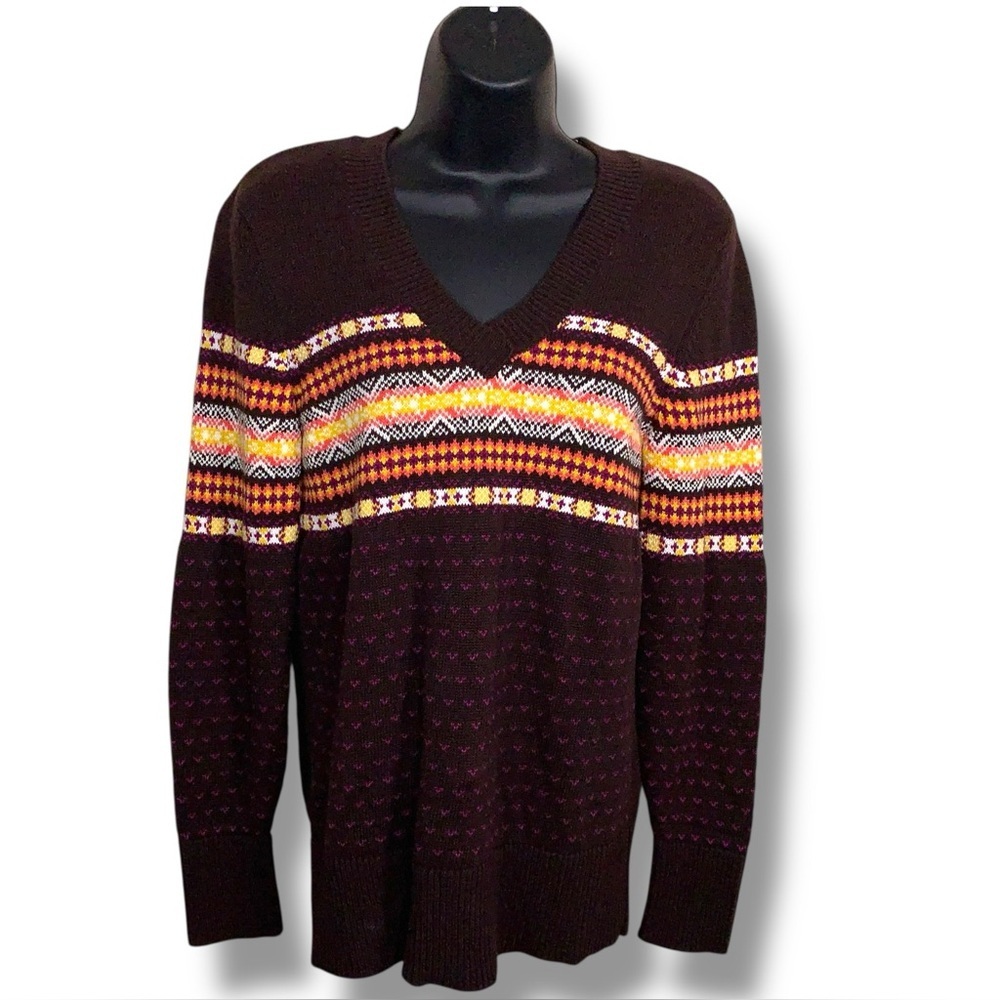 Western Large Knit Sweater Brown Yellow Fair Isle Southwestern Tribal Cotton